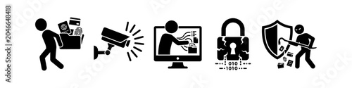 Bild auf Leinwand Set of black and white icons representing cybercrime, identity theft, data breaches, and digital security concepts