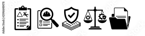 Set of black safety compliance and regulatory icons including accident reports, industrial inspections, legal certification, and documentation management for occupational health and safety.