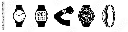 Tableau sur toile A versatile set of black and white wristwatch icons, including analog, digital, and chronograph designs