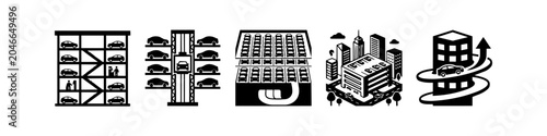 Obraz na plátně Set of black and white icons illustrating modern parking solutions like multi-level garages, automated systems, underground lots, and city infrastructure for smart urban transport management