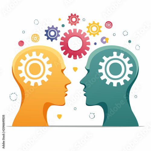 Two heads with gears symbolizing teamwork and ideas