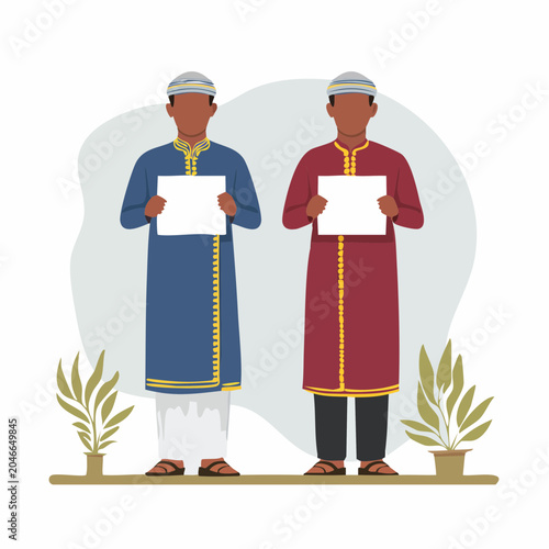 Two men in traditional clothing holding blank signs