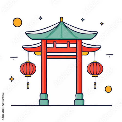 Traditional Asian Gate with Lanterns in Flat Design