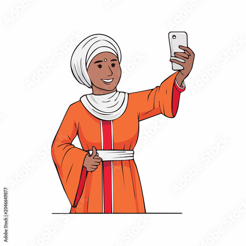 Woman in traditional clothing taking a selfie with a smartphone