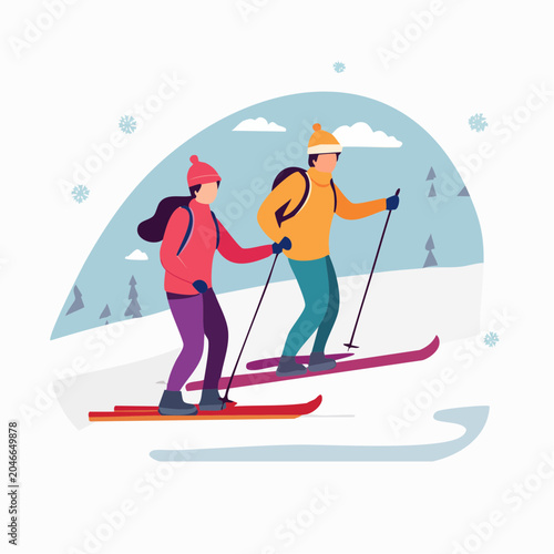Two people skiing down a snowy slope in winter