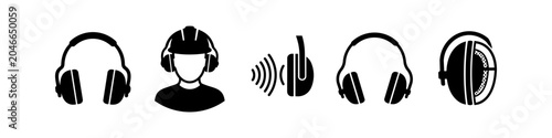 Bilde på lerret Set of black and white industrial hearing protection icons, featuring ear muffs, sound wave symbols, and a worker with safety gear
