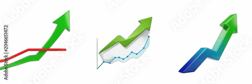 Set of Rising Financial Growth Arrows Isolated on White Background: 3D Business Success Graphs, Profit Progress Charts, Positive Performance Indicators for Corporate Presentations, Financial Reports, 
