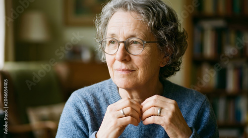 Thoughtful senior woman with glasses sitting at home, serene mature neurodivergent adult looking away with gentle smile, cozy indoor lifestyle portrait.
