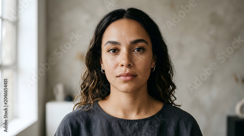 Portrait of a young mixed race woman with calm expression looking at camera, authentic beautiful female with freckles and curly hair, neutral indoor lifestyle close up.
