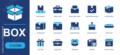 Box and packaging icon set containing box loader, briefcase, open box, checked package, closed box, cooler box, gift box, lunch box, recycle box and more, modern solid fill vector icons.
