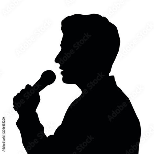 Male Speaker Silhouette Holding Microphone in Profile Side View Public Speaking Communication Vector Illustration Isolated on PNG Background.
