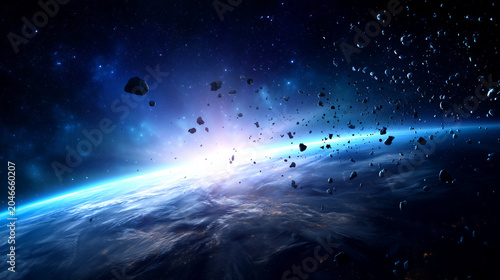 Earth Orbit Space Debris Field Above Blue Planet, Satellite Wreckage and Asteroid Fragments in Deep Space, Global Technology Risk, Orbital Collision, Cosmic Danger, Space Explorati
