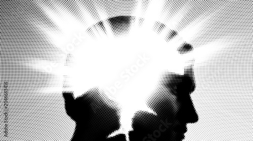 Human head silhouette with halftone rays symbolizing AI creativity breakthrough