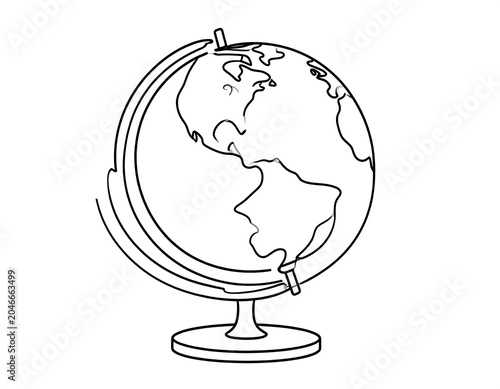 A line drawing of a globe on a stand, showing Africa and parts of Europe and Asia
