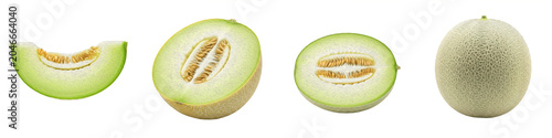 3D Realistic Fresh Honeydew Melon Set Isolated on White Background: Whole Melon, Half, Cross Section, and Slice with Seeds for Healthy Eating, Summer Fruit, Organic Farming, and Culinary Design Asset.