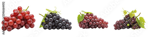 3D Realistic Fresh Grapes Bunches Set Isolated on White Background: Red, Black, Crimson, and Purple Grape Clusters with Green Leaves for Healthy Eating, Wine Making, Organic Farming, Fruit Market, and