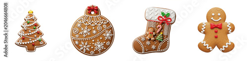 3D Realistic Christmas Gingerbread Cookies Set Isolated on Transparent Background: Decorated Tree, Bauble Ornament, Stocking, and Gingerbread Man for Holiday Baking, Festive Celebration, Winter Desser
