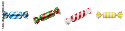 3D Realistic Wrapped Hard Candy Set Isolated on Transparent Background: Blue, Green, Red, and Yellow Striped Sweets for Holiday Celebration, Birthday Party, Confectionery Shop, Sugar Treats, and Desse