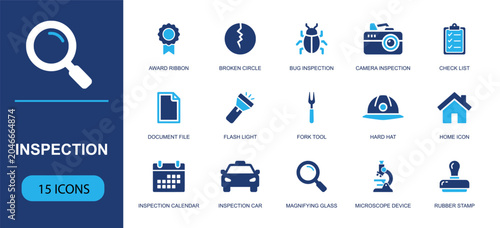 Inspection icon set. Containing ribbon, crack, bug, camera, checklist, document, flashlight, hard hat, magnifier and more. Solid fill vector icons for audit, testing, safety and review.