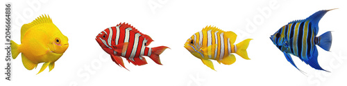 3D Realistic Tropical Fish Set Isolated on White Background: Yellow Tang, Red Striped Clownfish, Yellow Striped Damselfish, and Blue Angelfish for Aquarium Decor, Marine Life Education, and Underwater