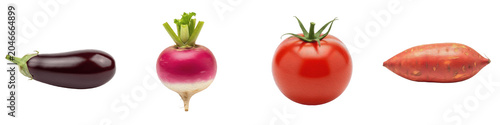 3D Realistic Fresh Vegetables Set Isolated on Transparent Background: Eggplant, Radish, Tomato, and Sweet Potato for Healthy Eating, Cooking Recipe, Grocery Store Retail, Organic Farming, and Culinary
