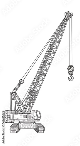 A line drawing of a large construction crane with a hook
