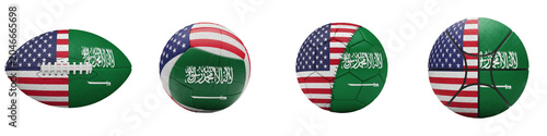 Set of team sports balls with United States and Saudi Arabia flags isolated on white background, 3D render game equipment collection featuring american football, volleyball, soccer, and basketball wit