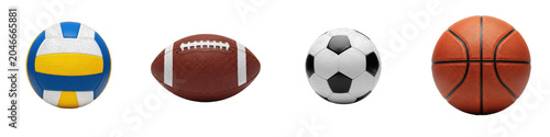 Set of popular team sports balls isolated on white background, 3D render game equipment collection featuring volleyball, american football, soccer, and basketball, professional athletic tournament gea