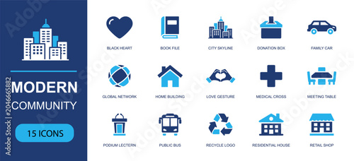 Modern community icon set containing heart, book, skyline, donation box, family car, globe, home, medical cross, recycle and more, solid fill vector icons for urban care and public services.