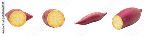 Set of fresh whole and sliced sweet potatoes isolated on white background, collection of raw organic ipomoea batatas taters with purple skin and yellow flesh cut in halves, healthy nutritious vegetabl
