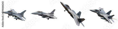 Set of military supersonic fighter jets isolated on white background, 3D render modern air force combat aircraft collection in different flying angles, tactical army aviation asset bundle for gaming d