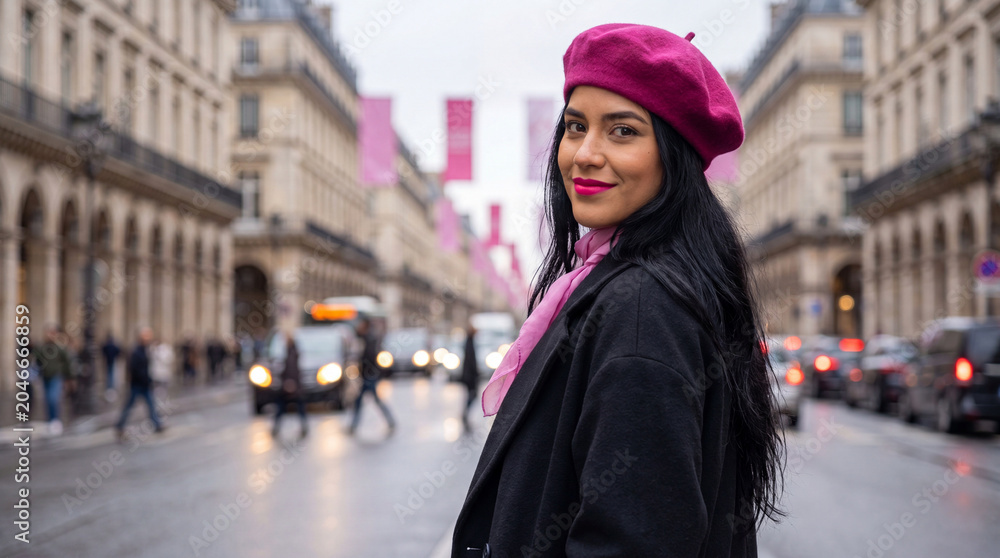 Fototapeta premium A woman wearing a pink beret and scarf stands on a city street, posing for a photo with a blurred background of buildings and traffic
