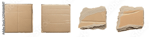 Collection of brown corrugated cardboard pieces and torn kraft paper fragments isolated on white background, set of square blank shipping box scraps and ripped cardboards with ragged edges for craft e