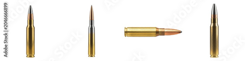 Set of brass rifle ammunition and firearm cartridges with vertical and horizontal layouts isolated on white background, tactical military bullets for self defense, hunting weapons and sniper shooting 