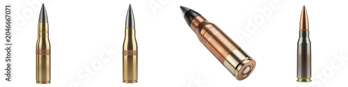 Set of military rifle ammunition and firearm cartridges with brass and steel casings in vertical and angled layouts isolated on white background, tactical full metal jacket bullets for hunting and sni
