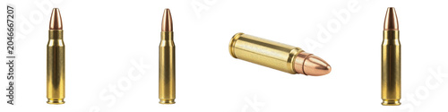 Collection of brass rifle ammunition and firearm cartridges with vertical and horizontal layouts isolated on white background, tactical military bullets for self defense, hunting weapons and sniper sh