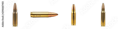 Set of brass rifle ammunition with vertical and horizontal cartridges isolated on white background, tactical military firearms caliber bullet shells for hunting and sniper weapons, collection of metal