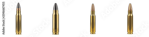 Set of brass rifle ammunition and firearm cartridges isolated on white background, military caliber bullet shells for hunting and sniper weapons, collection of metallic ammo rounds for security defens