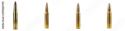 Collection of rifle bullets and ammunition cartridges with brass casings isolated on white background, set of military firearm ammo rounds for hunting and defense weapons, isolated rifle cartridges gr