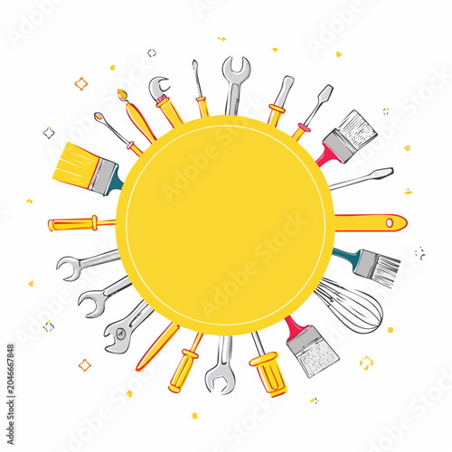 Hand-drawn tools arranged around a yellow circle with copy space