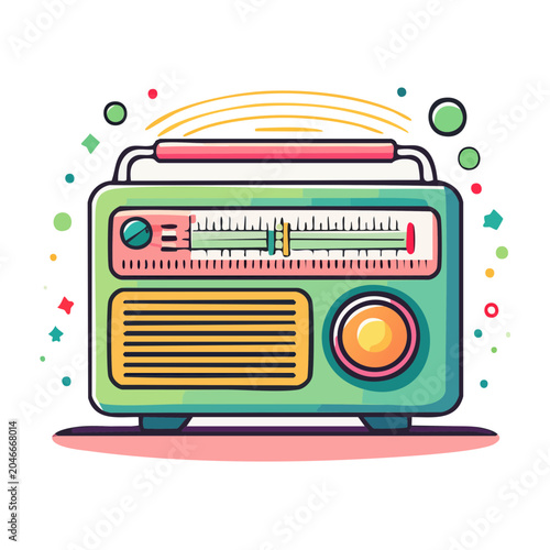 Retro green radio illustration with colorful accents