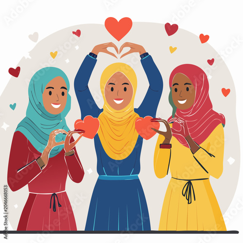 Three Muslim Women Forming Heart Shapes with Hands and Hearts