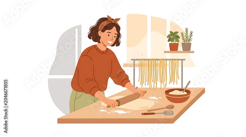 Young woman making homemade pasta in the kitchen