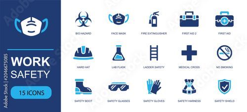 Work safety and protection icon set. Containing biohazard, face mask, fire extinguisher, first aid, hard hat, safety glasses, gloves, harness, shield and more. Solid fill vector icons.