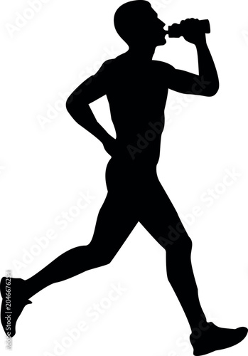 Running Athlete Drinking Water From Sports Bottle During Fitness Training Workout Silhouette Vector Illustration Isolated on PNG Background.