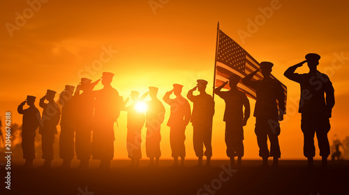 Silhouettes of Soldiers Saluting National Flag at Golden Sunset, Patriotic Military Honor Ceremony, Veterans Tribute, Memorial Remembrance, Armed Forces Service, Freedom and Unity