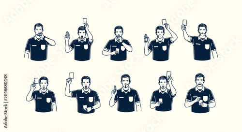 Photos Set of Vector Illustrations of a Professional Football Referee Making Various Ma