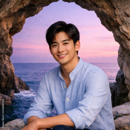 Young Asian Man Smiling Outdoors by the Ocean at Sunset