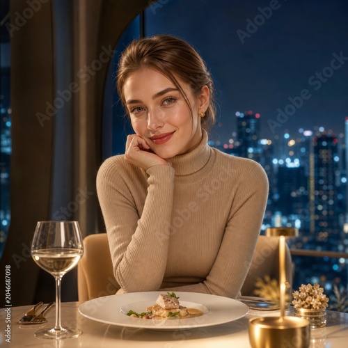 Elegant Woman Enjoying Fine Dining Experience at a Restaurant with Cityscape View at Night