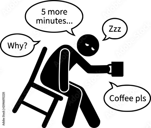 Fotografie Tired stick figure man holding a mug needing coffee in the morning, sleep deprivation and exhaustion icon vector illustration
